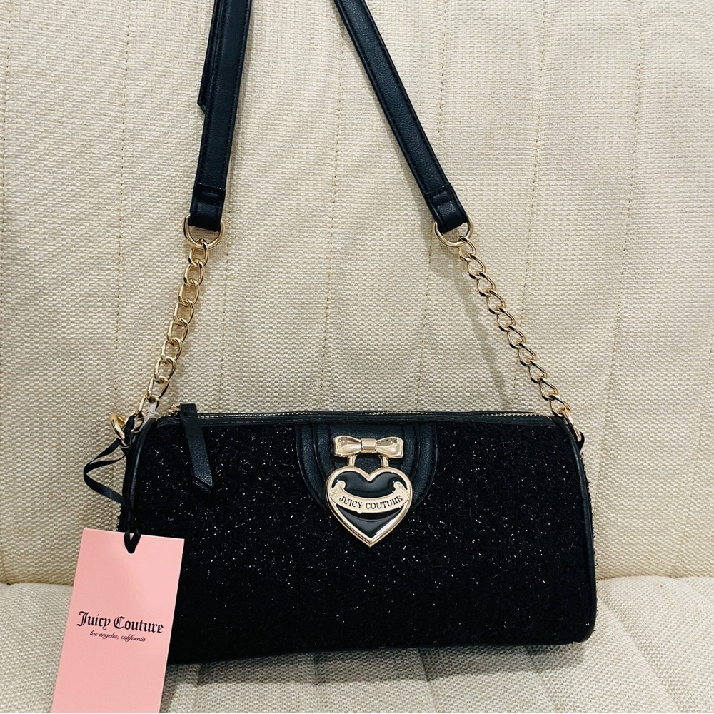 NEW Juicy Couture Black Glitter Heart Bow Gold Chain Crossbody Bag